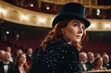 woman with red hair wearing a top hat standing in a theatre