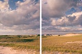 A panoramic photograph of sunset clouds over a dune swale on a barrier beach on Cape Cod.