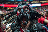 A man with a face painted to look like a falcon. He’s wearing a headband with feathers, and his mouth is open.