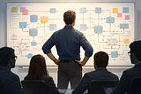 A senior engineering leader stands with hands on hips facing a large whiteboard covered in architecture diagrams, service flows, and system dependencies, while several team members watch from a conference table behind them. The scene emphasizes architectural complexity, leadership guidance, and the shift from clean system design to broader organizational thinking.