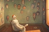 There’s a person in a clown outfit holding a face mask and there are multiple weird looking face makes on the wall. The wall is painted green and the person is sitting on what seems to be a wooden chair.