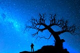 Silhouette of person beside a bare tree beneath a starry sky