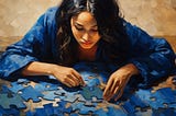 a young woman puts together puzzle pieces