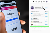 Image of an iPhone being held in a hand. The login page of Instagram is on the screen. On the right side there is a screen capture from a desktop computer screen showing the “Suggestions for You” tab on Instagram. There is a green square around the suggested accounts for emphasis.