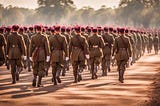 Image shows a platoon of marching soldiers wearing brown uniforms and maroon berets.