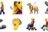 accessibility emojis, person with cane, deaf person, service dog, limp prostetics, hearing aid, wheelchair users