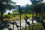 Wooden figures that resemble birds, overlooking the beautiful Hangang river in Jecheon, South Korea.