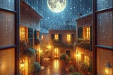 AI-generated artwork depicting a moonlit, courtyard scene taken from the perspective of an upstairs window spattered with rain.