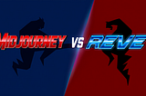 A dynamic split screen graphic displays the text “MIDJOURNEY” on the left half and “REVE” on the right half of the composition, facing each other like opponents in a fighting game. Each side features bold, chunky letters rendered in contrasting colors — blue for “MIDJOURNEY” and red for “REVE”. The word “VS” appears centered between the two sides in white text with a metallic sheen. The background is dark with subtle grid lines and scan effects reminiscent of classic arcade game stages.