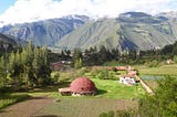 A view looking down over the entire Ashram complex, towards the mountains