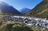 A view of Aoraki from the riverbed of the glacial river