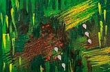 abstract artwork with blended streaks of yellow, red and dark green, and some mirror work