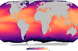 Global map of sea surface temperature for July 30, 2024, in the equal Earth projection. The coldest temperatures (-2˚ C) are colored black and hug the Antarctic coastline. The warmest water (36˚ C) is in the Persian Gulf, represented with pale yellow.