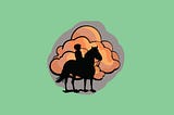 A vector graphic generated using AI of a boy on a horse in silhouette in front of an orange cloud on a light green background.