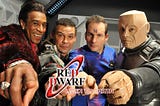 The main cast of Red Dwarf: Cat, Lister, Rimmer and Kryton