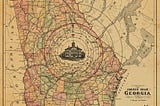 Antique map of Georgia with a line drawing of a courthouse in the center of the state surrounded by concentric rings representing a proximity map.