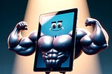 A cartoon of an extremely muscular tablet computer, posing like a bodybuilder. The image captures the whimsical concept of technology mimicking human physical prowess, highlighted by its confident and proud pose.