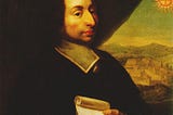 The picture shows Blaise Pascal, holding several sheets of paper in his left hand. Behind it is a city skyline with mountains and a special representation of the Sun with a cross.