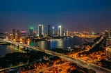 Fuzhou city skyline by night, Fujian, China.