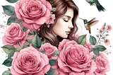 a woman surrounded by pink roses, hummingbirds, and bees (image created by author in Copilot)