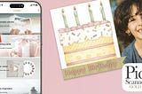 An iPhone with Pic Scanner Gold app, a handmade greeting card, and the icon of Pic Scanner Gold app for iOS
