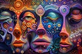 Detailed psychedelic painting depicting a series of faces merged into a continuous flow of colors and ornate designs, illustrating the interconnectedness and multifaceted nature of human emotions and relationships.