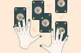 Digital illustration of five navy and gold tarot cards and two white hands with green painted nails.