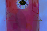 An abstract digital painting of a Red tower with a watch on a blue sky background.