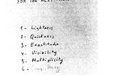 a black and white image that has a handwritten text that says: SIX MEMOS FOR THE NEXT MILLENIUM and then has a numbered list 1. Lightness 2. Quickness 3. Exactitude 4. Visitbility 5. Multiplicity and 6. Consistency