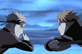 Naruto and Pain, hero and villain, run towards each other. Two sides of the same coin