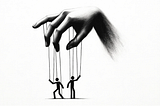 A minimalistic black and white charcoal sketch. The image focuses on the hands of a puppeteer, with strings extending from their fingers. These strings end up controlling stick figures represented as humans. The background is plain and simple, emphasizing the puppeteer’s hands and the strings in a stark, impactful manner, symbolizing manipulation and control with minimal elements.