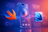Realistic 3D Swift and SwiftUI logos beside a glass-textured iPhone silhouette on a deep indigo-to-coral gradient background, symbolizing the future of Apple development.
