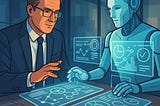 IMAGE: A human executive collaborating with a glowing AI figure over holographic data screens, symbolizing human–AI teamwork