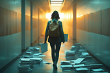 A single person walking down a long, dimly lit corridor lined with books and papers scattered on the floor. They are wearing both a backpack and a blazer, symbolizing the dual life of student and professional. The lighting at the end of the hallway is soft and golden, hinting at hope or a breakthrough, but the path looks cluttered and overwhelming. The person’s posture shows quiet determination, not triumph.
