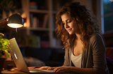 Hybrid work allows employees to follow their work rhythm. The image shows a woman working late at night.