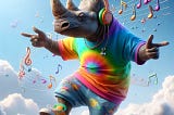 Cartoon rhino in bright shorts and T-shirt dancing