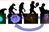 The evolution of man from Neanderthal to couch potato, overlayed with a second tier of neurons devloping into brains.