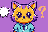 Image of humanoid cat, a question mark and a burst graphic element.