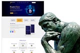 Statue of “The thinker” looking at a crypto currency landing page