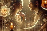 Romantic couple in a warm, softly lit setting, exchanging a meaningful glance with slight touches, representing the theme of decoding the language of love.
