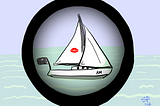 Cartoon: eyepiece of a telescope shows a yacht under sail with a lipstick kiss logo on the mainsail and a pirate flag at the stern.