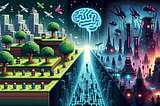 Illustration: On the left, a pixelated retro game environment with blocky characters and trees. In the center, a luminous neural network and brain-shaped bridge acts as a transition. On the right, a hyper-realistic and almost surreal dystopian future game environment with advanced structures, robotic entities, and a dark atmosphere, suggesting the game is AI-generated and controlled.