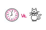 What Makes Clocks And Cats Different? — a hand-drawn clock on the left and a funny comic-like hand-drawn cat on the right. The word “Vs.” in between.