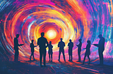 a dynamic swirl of bright lines racing around silhouettes of designers co-creating around a glowing orb in the middle, digital swirling lines showing rapid iteration, suggestive of collaboration and trust, high-energy brushstrokes, modern illustration style, vibrant color contrast