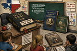 Inside a modern-day grade school classroom. A red, white, and blue Texas logo is on the wall. An extra large Bible with a label on it that says “FOR LITERARY USE ONLY” is sitting on the teacher's desk. A large book of “The Complete Works of Shakespeare” and a copy of Charles Dickens “A Christmas Carol” next to it are leaning against the chalkboard. And a book about The Crusades is on the floor.