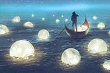 illustration of a man gathering moons on the ocean