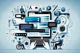 Illustration representing web chat accessibility. A chat interface, users with a screen reader and keyboard, and assistive technology icons, emphasising inclusivity.