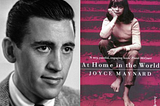 Two images side-by-side. The one on the right is a black and white photograph of thirty-one-year-old J.D. Salinger and the one on the left is a book cover of Joyce Maynard’s memoir At Home in the World.