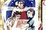 illumination from medieval manuscript; two men with dark hair and pale skin playing dice in foreground; two people seemingly kissing in the distance
