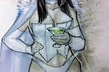marker and ink drawing of a woman superhero wearing a white corset and cape and holding a martini glass with a green drink.
